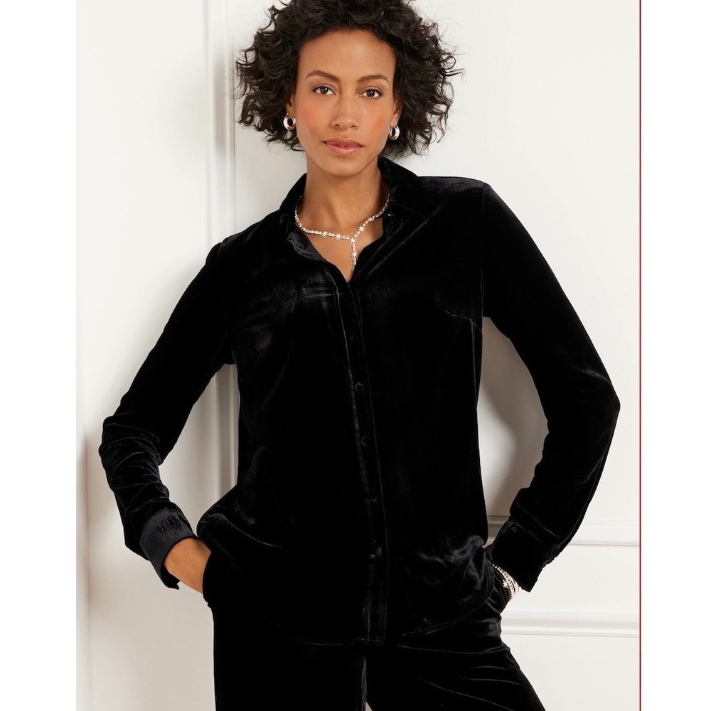 Talbots Black Effortless Velvet Slim Fit Button Front Shirt Chic Luxury XL